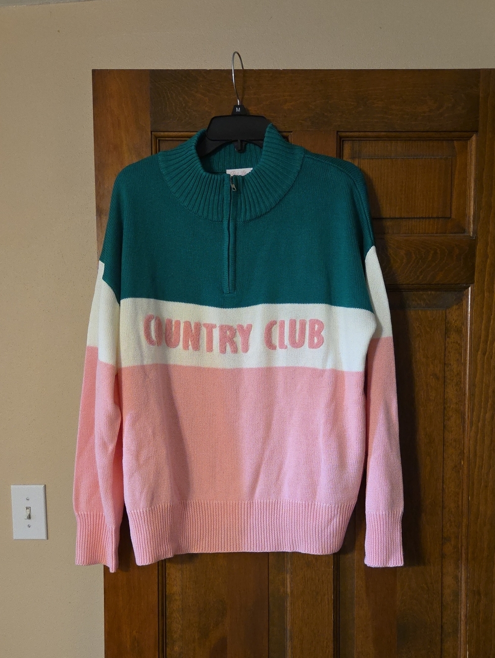 Pink Lily Country Club Colorblock Half-Zip Sweater - Green, Pink, White